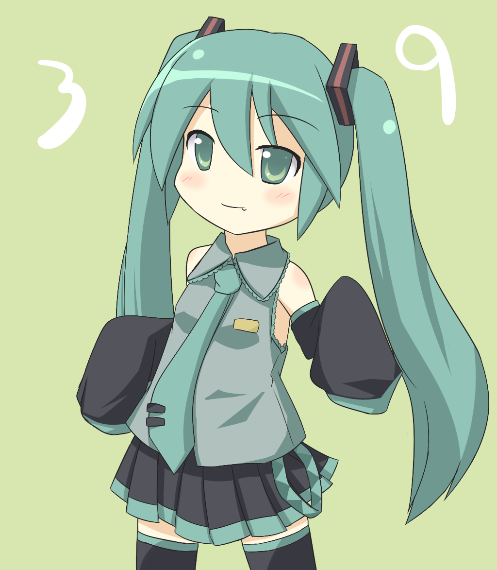 bad_id bad_pixiv_id detached_sleeves fang green_eyes green_hair hatsune_miku long_hair mikupa mumu_(mumunyan) necktie ribbon solo thighhighs twintails very_long_hair vocaloid younger