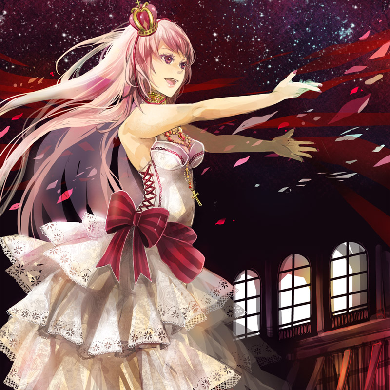 bow cross crown dress frills jewelry lips long_hair megurine_luka nail_polish necklace open_mouth outstretched_arms pink_eyes pink_hair pink_nails sakuragi_kei sleeveless sleeveless_dress smile solo striped vocaloid white_dress wind window