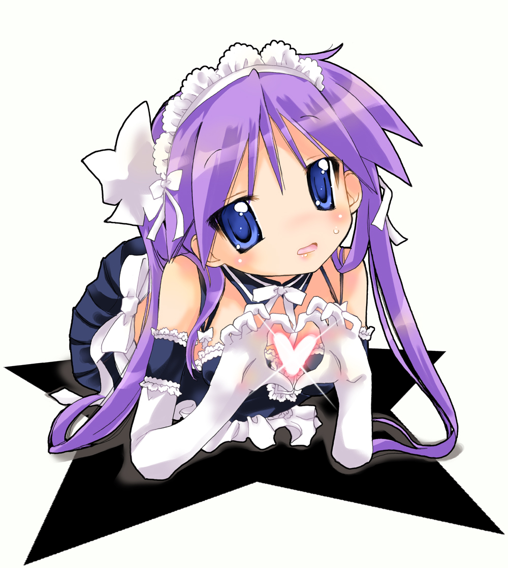all_fours alternate_costume blue_hair elbow_gloves enmaided gloves heart heart_hands hiiragi_kagami long_hair lucky_star maid nyanmilla purple_hair solo thighhighs twintails