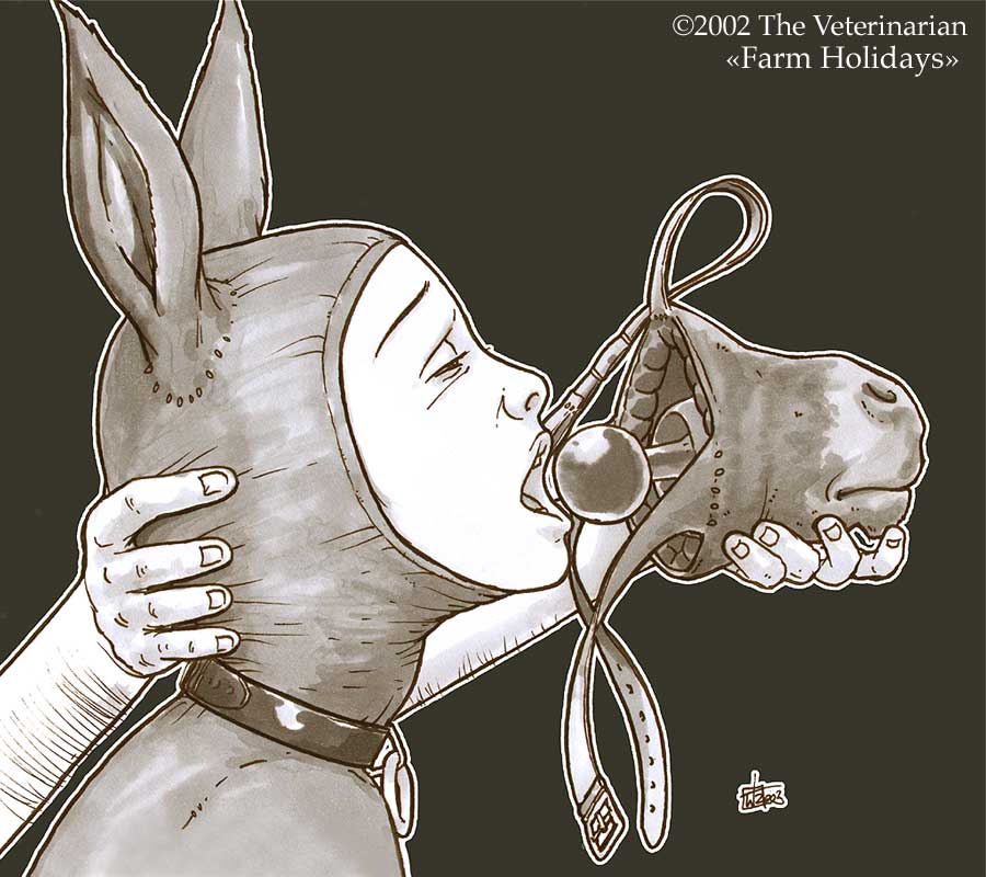 abstract_background ball_gag bdsm bondage bound collar donkey english_text equine gag greyscale human mammal mask monochrome open_mouth ponyplay text the_veterinarian veterinarian_(artist)