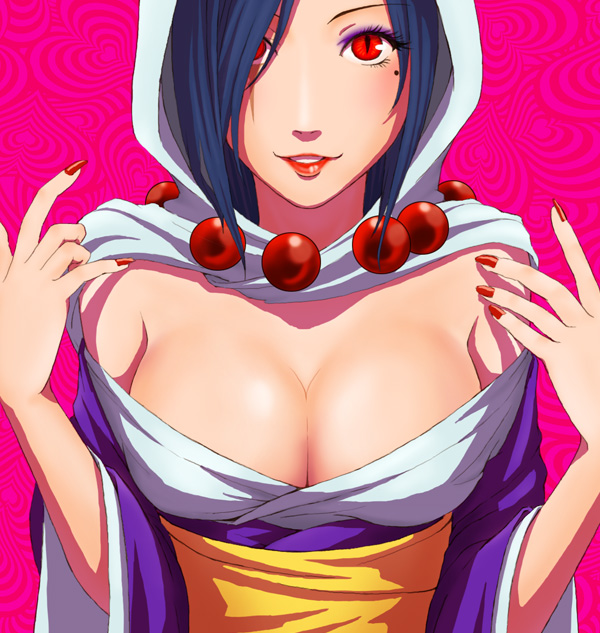 atlus breasts catherine_(game) center_opening cleavage hood large_breasts lips mole nail_polis nail_polish okami ookami_(game) parody planetoid rao red_eyes short_hair