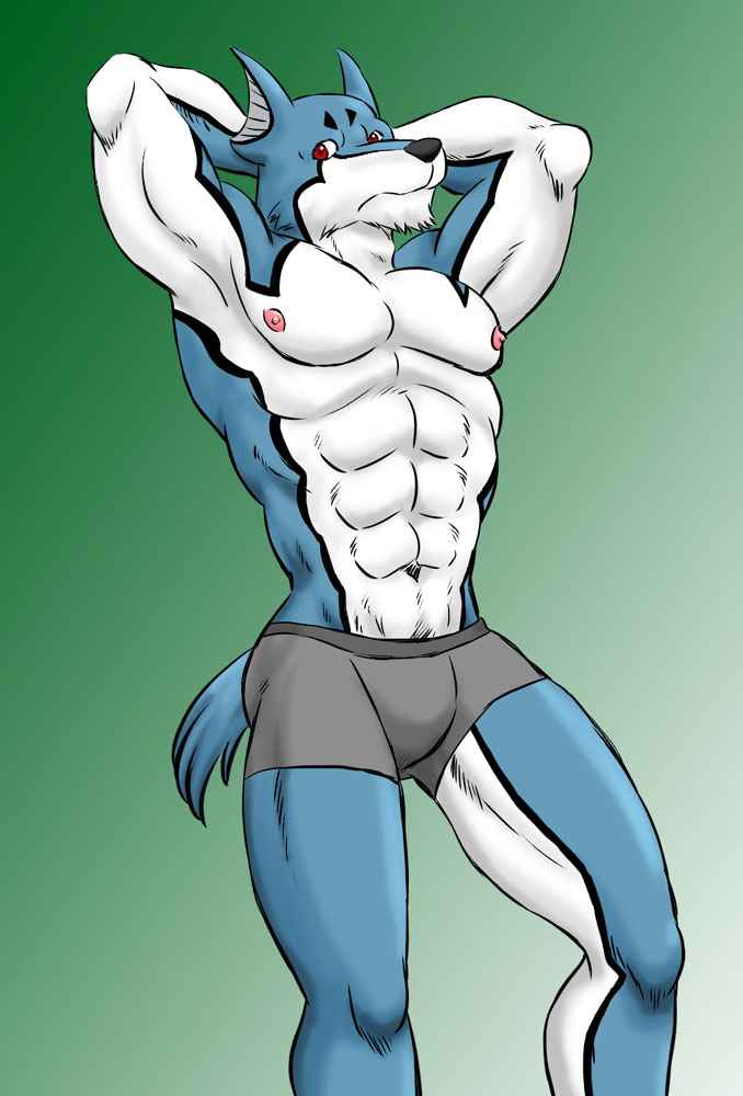 anthro biceps big_muscles bulge canine dog doggy_kruger harumino male mammal muscles nipples pecs pose power_rangers_spd solo topless underwear