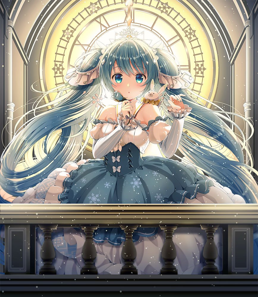 animal beamed_eighth_notes blue_eyes blue_flower blue_rose blue_skirt blue_sleeves blush bow breasts bunny clock clock_tower commentary_request eighth_note flower green_hair hatsune_miku holding holding_flower long_hair long_sleeves looking_at_viewer musical_note parted_lips puffy_short_sleeves puffy_sleeves railing roman_numerals rose shirt short_over_long_sleeves short_sleeves skirt small_breasts snowflakes striped_sleeves tiara tower twintails very_long_hair vocaloid white_bow white_shirt white_sleeves yuki_miku yukine_(vocaloid) yuuka_nonoko