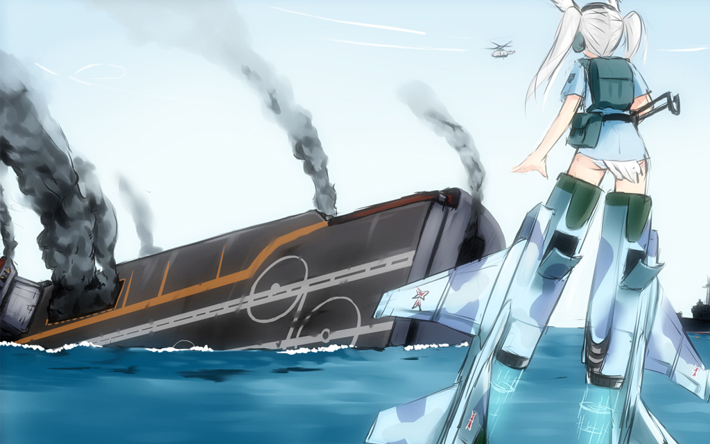 aircraft aircraft_carrier ak-47 assault_rifle backpack bag blonde_hair commentary folding_stock full_body gun head_wings helicopter military military_vehicle mizuki_(mizuki_ame) pouch rifle ship sinking smoke solo strike_witches_1991 striker_unit tail_feathers twintails uniform warship watercraft weapon white_hair world_witches_series yak-141