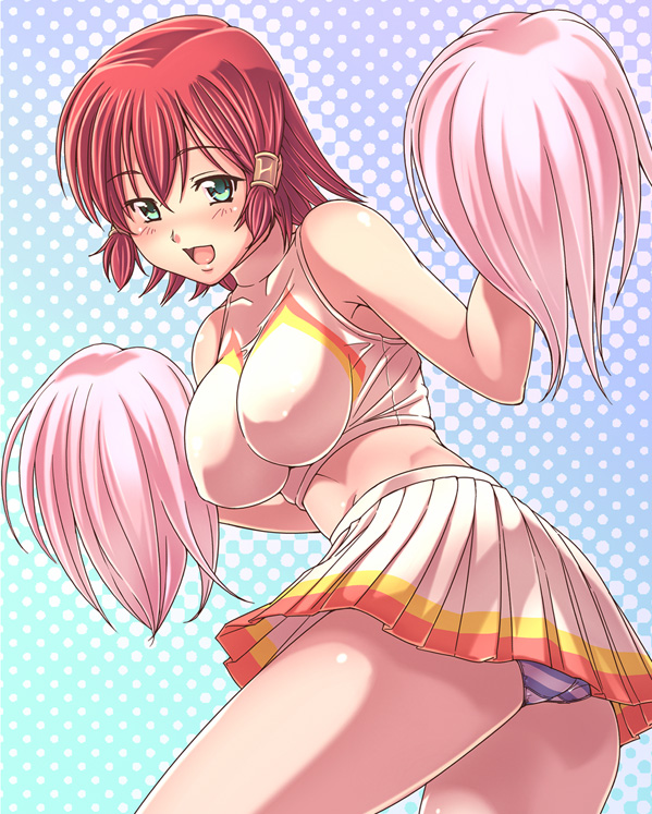 breasts cheerleader e20 impossible_clothes impossible_shirt large_breasts midriff panties pom_poms quiz_magic_academy red_hair ruquia shirt short_hair solo striped striped_panties underwear