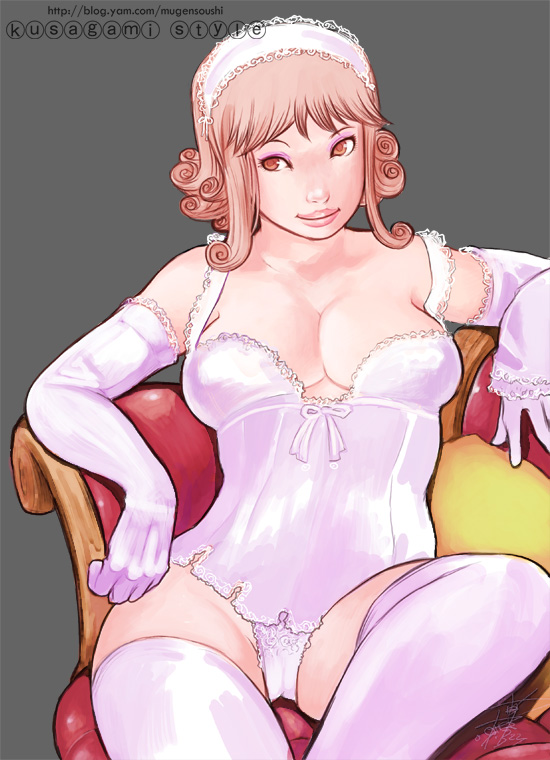bad_id bad_pixiv_id breasts brown_eyes brown_hair cameltoe camisole cleavage curly_hair eyeshadow gloves hairband hips kusagami_style large_breasts lingerie lips makeup original panties short_hair sitting smile solo thighhighs underwear white_gloves white_legwear white_panties