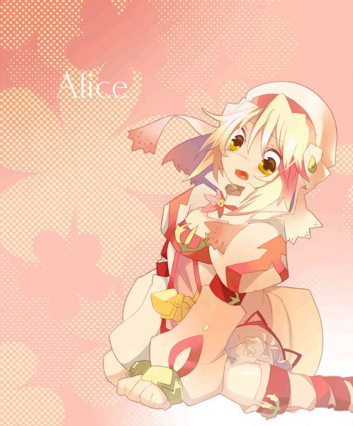 alice_(tales) bad_id bad_pixiv_id blonde_hair boots character_name gloves hat hyakuhachi_(over3) kneeling pink_background short_hair sitting solo tales_of_(series) tales_of_symphonia tales_of_symphonia_knight_of_ratatosk wariza white_gloves yellow_eyes