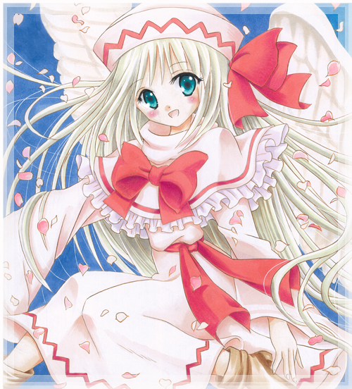 angel_wings aqua_eyes bad_id bad_pixiv_id blonde_hair capelet colored_pencil_(medium) dress frills hat lily_white makimakiringo50 marker_(medium) open_mouth pastel_(medium) petals ribbon smile solo touhou traditional_media wings