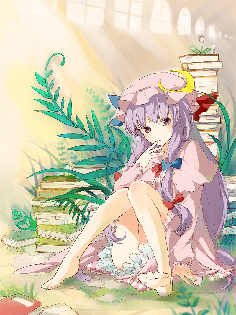 bad_id bad_pixiv_id barefoot book dust feet finger_to_mouth hat legs long_hair mousariababa patchouli_knowledge plant purple_eyes purple_hair ribbon sitting solo touhou window