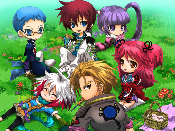 3girls :3 ^_^ asbel_lhant basket blanket blue_eyes blue_hair blue_shirt blush_stickers bodysuit brooch brown_eyes brown_hair cheria_barnes chibi closed_eyes coat flower food food_in_mouth glasses gloves grass hubert_ozwell jewelry kirita_(noraring) kneeling looking_back lying malik_caesars mouth_hold multicolored_hair multiple_boys multiple_girls outdoors outstretched_arms pascal picnic pink_hair purple_eyes purple_hair purple_skirt red_hair scarf shirt short_twintails shorts sitting skirt smile sophie_(tales) spread_arms tales_of_(series) tales_of_graces thighhighs twintails two-tone_hair two_side_up white_hair white_legwear