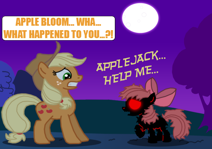 applebloom_(mlp) applejack_(mlp) begging cartoon cowboy_hat cub cutie_mark dialog dialogue ecto english_text equine eye_contact female feral friendship_is_magic green_eyes hair_bow hat help_me horse mammal my_little_pony pony ponytail red_eyes scared sibling siblings sisters story_of_the_blanks text trap undead young zombie zombie_pony