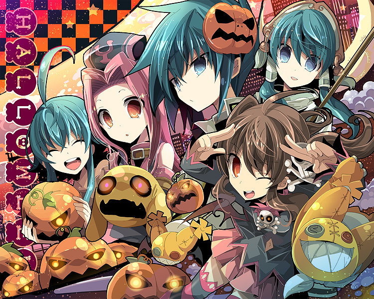 3boys ;d ^_^ ahoge anise_tatlin arietta brown_hair closed_eyes doll florian_(tales) fruit_punch green_eyes green_hair hair_tubes hairband halloween happy hat ion jack-o'-lantern long_hair miniskirt multiple_boys multiple_girls one_eye_closed open_mouth pink_hair pleated_skirt pumpkin red_skirt sidelocks skirt smile sync tales_of_(series) tales_of_the_abyss tokunaga