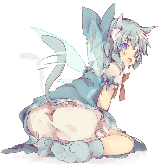 animal_ears ass bad_id bad_pixiv_id bloomers blue_eyes blue_hair blue_legwear bow cat_ears cat_tail cirno hair_bow kemonomimi_mode looking_at_viewer looking_back masirosu open_mouth short_hair simple_background sitting socks solo tail tail_wagging touhou underwear upskirt wariza wings