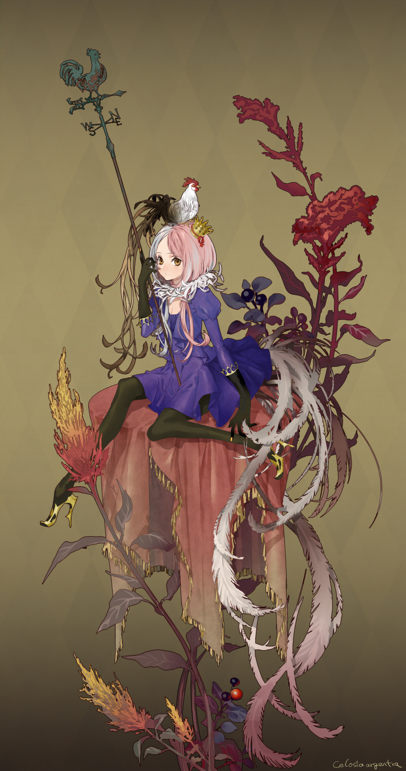 animal animal_on_head bird bird_on_head chicken crown dress feathers fingernails gloves grey_hair high_heels highres ie_(mochi) long_fingernails long_hair mini_crown nail_polish on_head orange_eyes original pantyhose personification plant rooster shoes sitting solo tail weather_vane