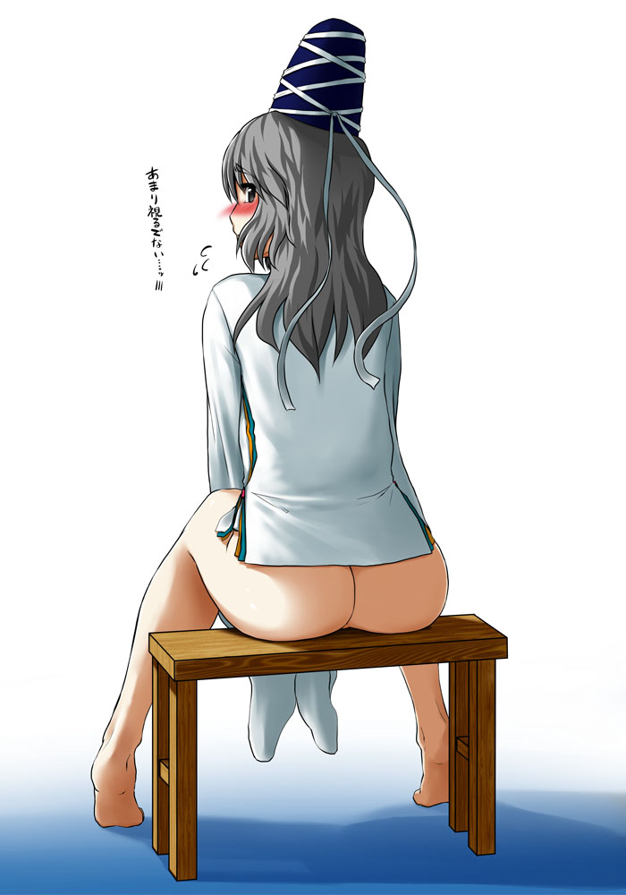 ass barefoot between_legs blush bottomless butt_crack feet from_behind full_body genb grey_hair hand_between_legs hat hat_ribbon japanese_clothes kariginu long_hair looking_at_viewer looking_back mononobe_no_futo naked_shirt ribbon shirt simple_background sitting solo stool tate_eboshi touhou translated white_background