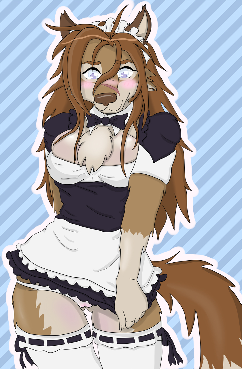 brown_hair canine clothing female hair kloe legwear maid maid_uniform mammal panties solo stockings tight tight_clothing underwear wolf