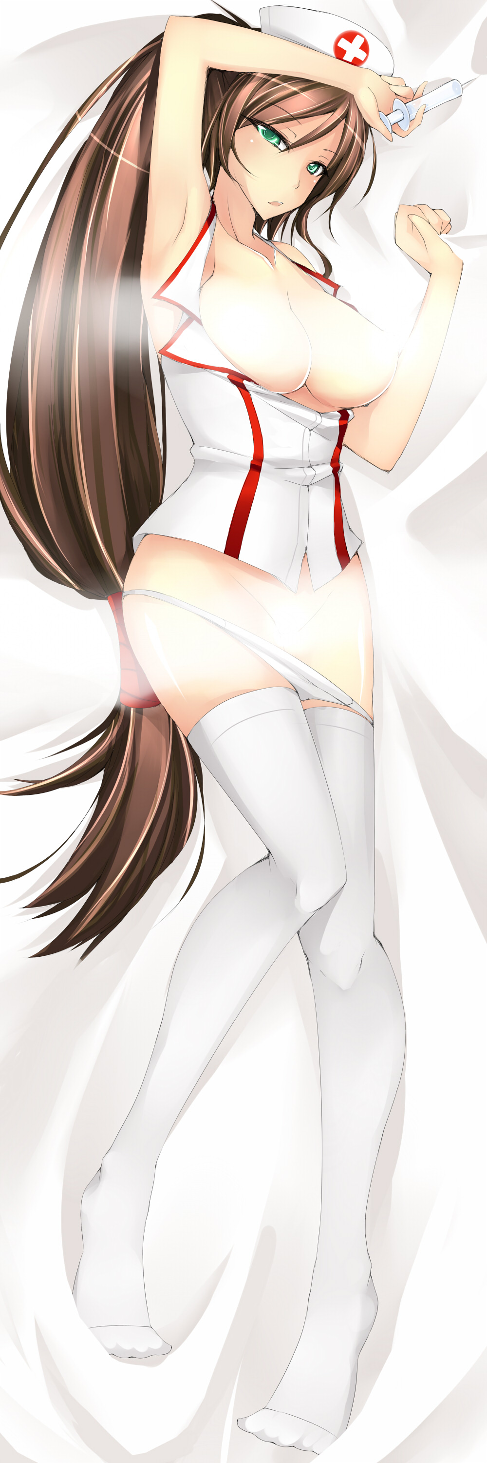 absurdres akali aqua_eyes arm_up armpits bed_sheet blush breasts breasts_outside brown_hair censored convenient_censoring dakimakura dean full_body hat highres league_of_legends long_hair lying medium_breasts nurse nurse_akali nurse_cap on_back panties panty_pull sheet_grab solo syringe thighhighs underwear very_long_hair white_legwear white_panties