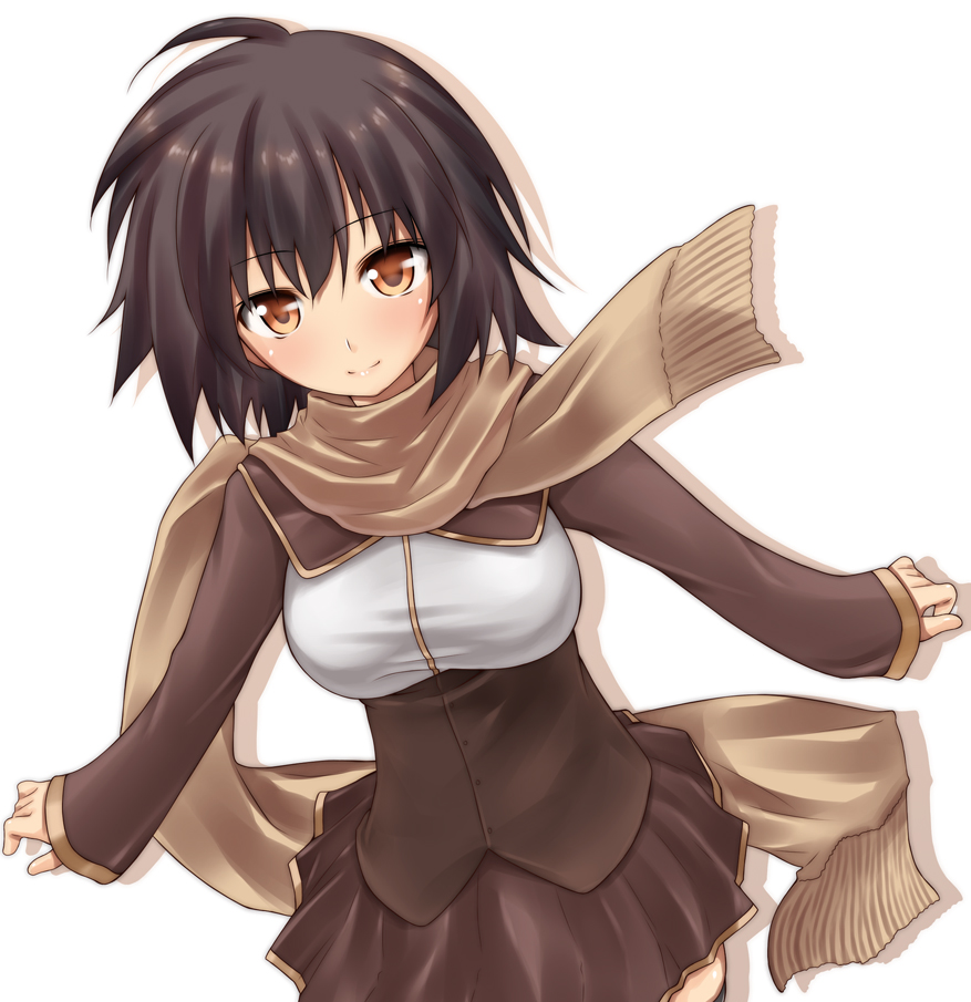 bad_id bad_pixiv_id bangs big_wednesday black_hair black_legwear black_skirt blush breasts brown_eyes brown_scarf buttons eyebrows_visible_through_hair long_sleeves looking_at_viewer medium_breasts original scarf shirt short_hair simple_background skirt sleeves_past_wrists solo taut_clothes taut_shirt thighhighs white_background zettai_ryouiki