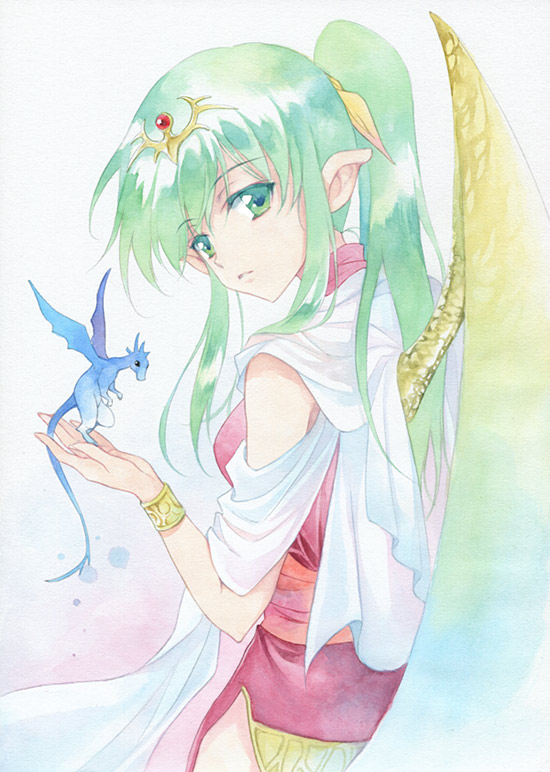 agahari chiki dragon fire_emblem fire_emblem:_monshou_no_nazo green_eyes green_hair hair_ornament hair_ribbon long_hair mamkute older parted_lips pointy_ears ponytail ribbon side_slit solo traditional_media wings wristband