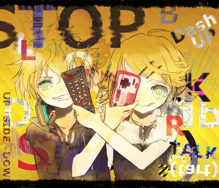 1boy 1girl boy female girl kagamine_len kagamine_rin male remocon_(vocaloid) roriusagi vocaloid