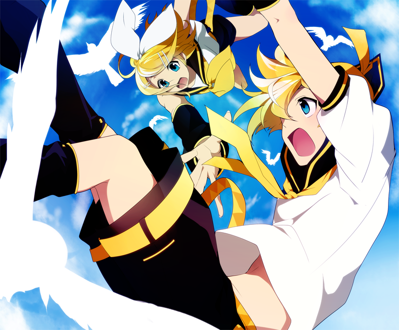 1boy 1girl boy falling female girl hakka hakkakka kagamine_len kagamine_rin male sky vocaloid