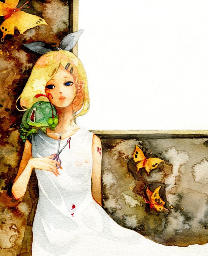 bad_id bad_pixiv_id blonde_hair blood blue_eyes bug butterfly dress hair_ornament hairclip insect kagamine_rin pinkxxxna ribbon scissors short_hair sleeveless solo traditional_media vocaloid watercolor_(medium) window worms