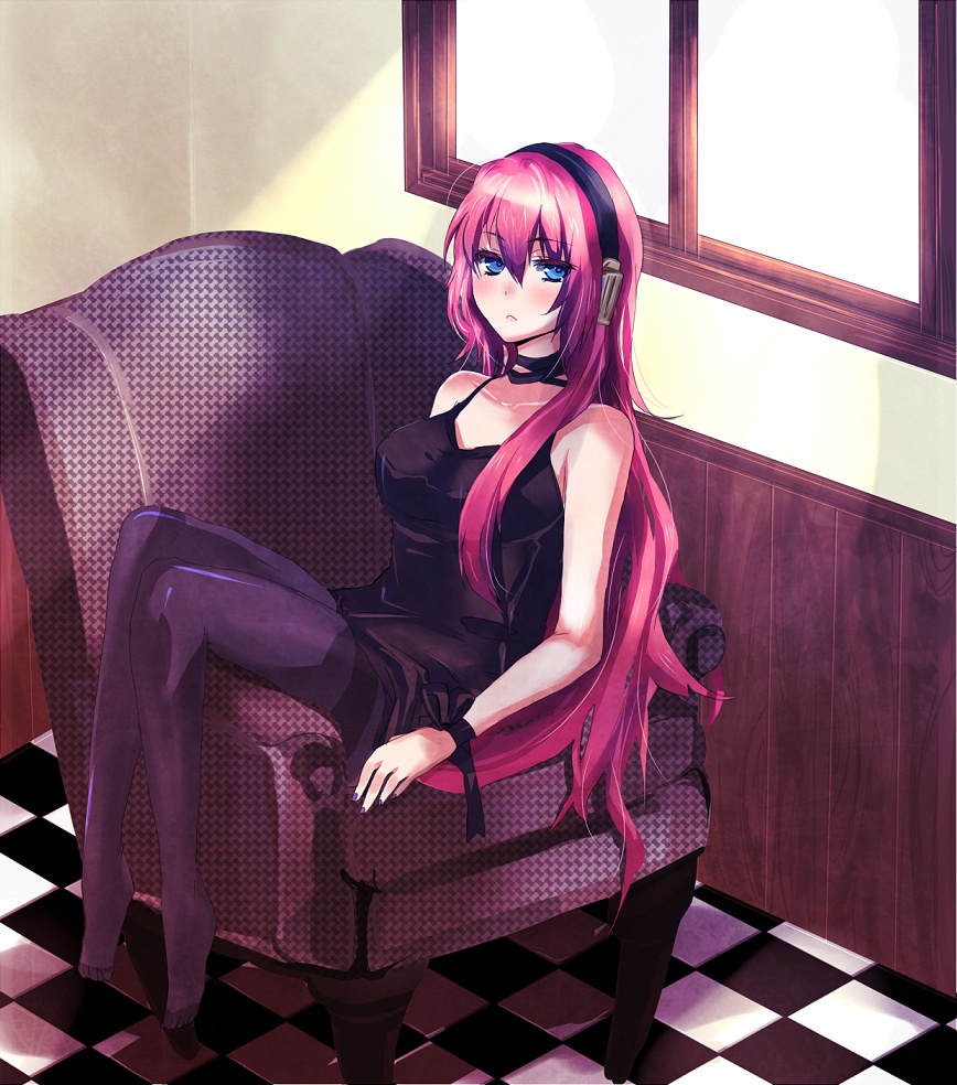 :&lt; black_dress blue_eyes breasts chair checkered checkered_floor choker dress headphones kanaranshi large_breasts long_hair looking_at_viewer megurine_luka pantyhose pink_hair ribbon sitting sitting_sideways solo unmoving_pattern vocaloid window