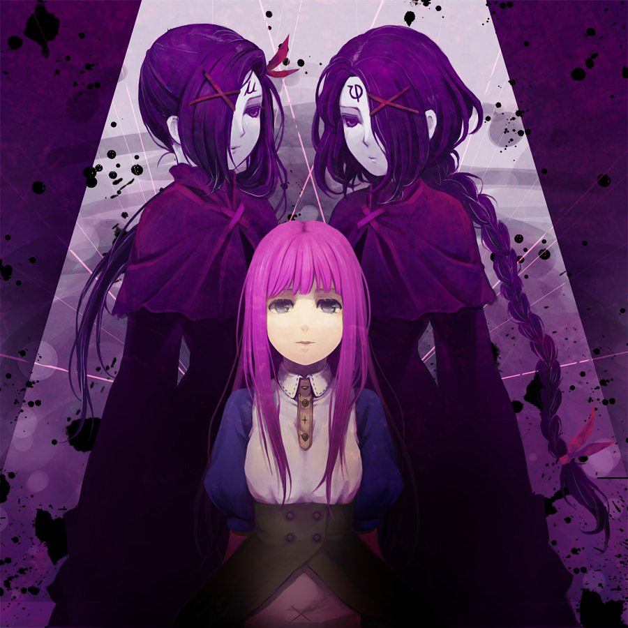 bad_id bad_pixiv_id braid cape dress facial_mark grey_eyes hair_ornament hair_over_one_eye hair_ribbon hairclip long_hair moira mu_(sound_horizon) multiple_girls phi_(sound_horizon) purple_eyes purple_hair ribbon riku_(me-in) sound_horizon thanatos-ko thanatos_(album)