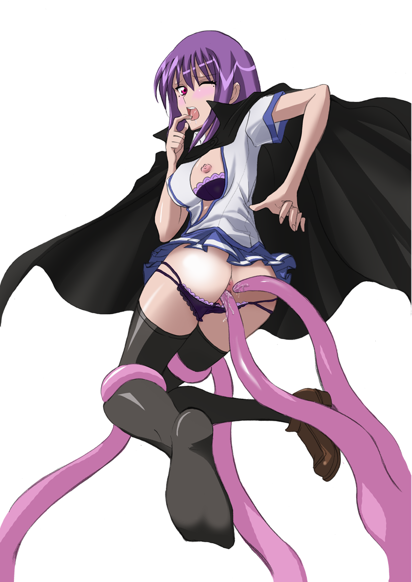 anus ass blush bra cape etou_fujiko fujiko_etou ichiban_ushiro_no_daimaou lingerie nipples panties panty_pull purple_hair skirt tentacle thighhighs underwear vaginal wince