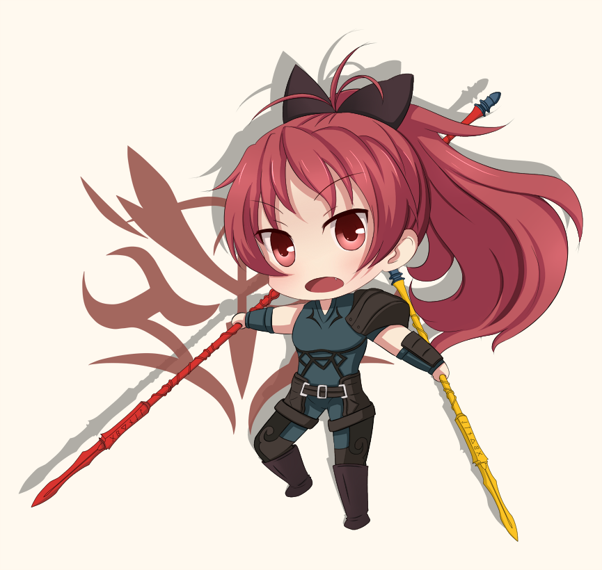 bow chibi command_spell cosplay creator_connection dual_wielding fang fate/zero fate_(series) gae_buidhe gae_dearg hair_bow holding lancer_(fate/zero) lancer_(fate/zero)_(cosplay) long_hair mahou_shoujo_madoka_magica parody polearm ponytail red_eyes red_hair sakura_kyouko sevendayswar solo spear urobuchi_gen weapon weapon_connection