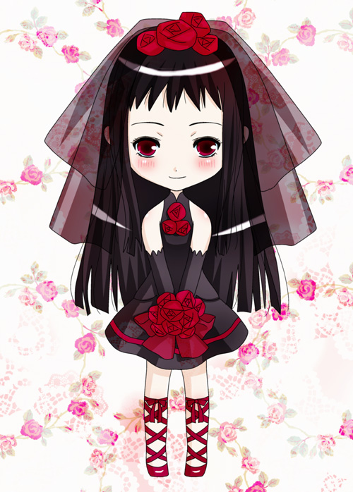 ankle_lace-up ar_tonelico ar_tonelico_ii black_hair blush bouquet cross-laced_footwear dress flower inumori_sayaka jakuri long_hair red_eyes solo veil