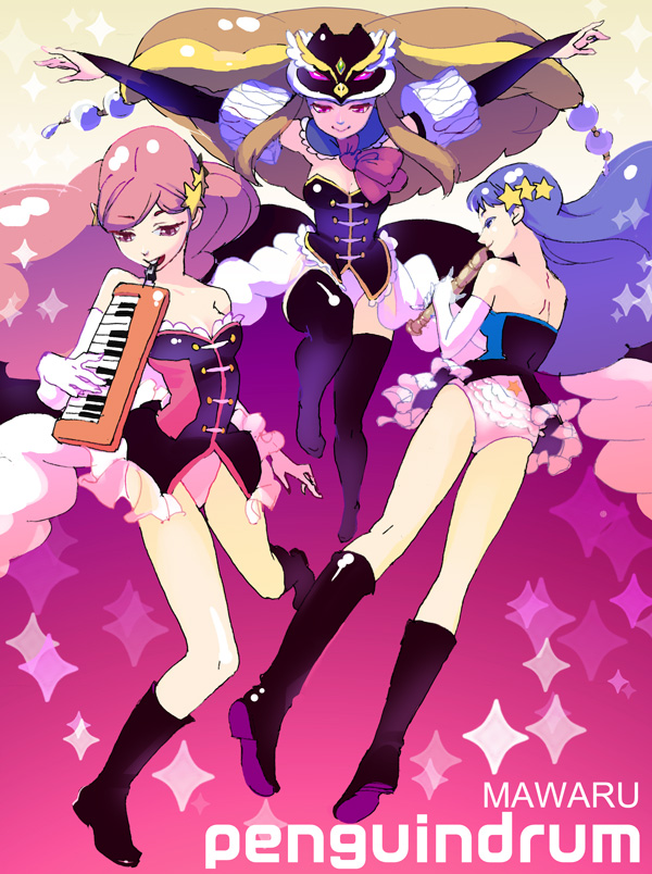 animal_hat bare_shoulders black_legwear blue_hair boots brown_eyes brown_hair copyright_name double-h_(mawaru_penguindrum) elbow_gloves gloves hair_ornament hat instrument isora_hibari keyboard_(instrument) long_hair mawaru_penguindrum melodica miyamoto_(krmc) multiple_girls pink_hair princess_of_the_crystal purple_eyes star takakura_himari thigh_boots thighhighs utada_hikari very_long_hair