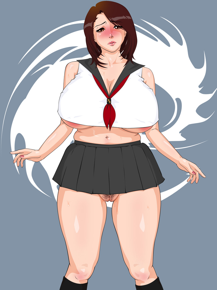 areolae blush bottomless breasts brown_eyes brown_hair footwear huge_breasts large_breasts lipstick makeup mature milf nail_polish navel pubic_hair pussy red_snake_come_on school_uniform skirt socks vagina