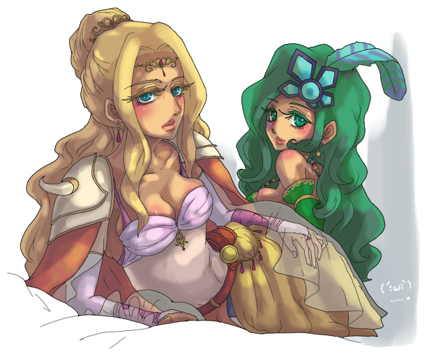 2girls blonde_hair blue_eyes blush body_blush breasts bridal_gauntlets cape cleavage detached_sleeves feather feathers female final_fantasy final_fantasy_iv green_eyes green_hair hair_ornament leotard long_hair lying multiple_girls rosa_farrell rydia shoulder_pads tiara warasu