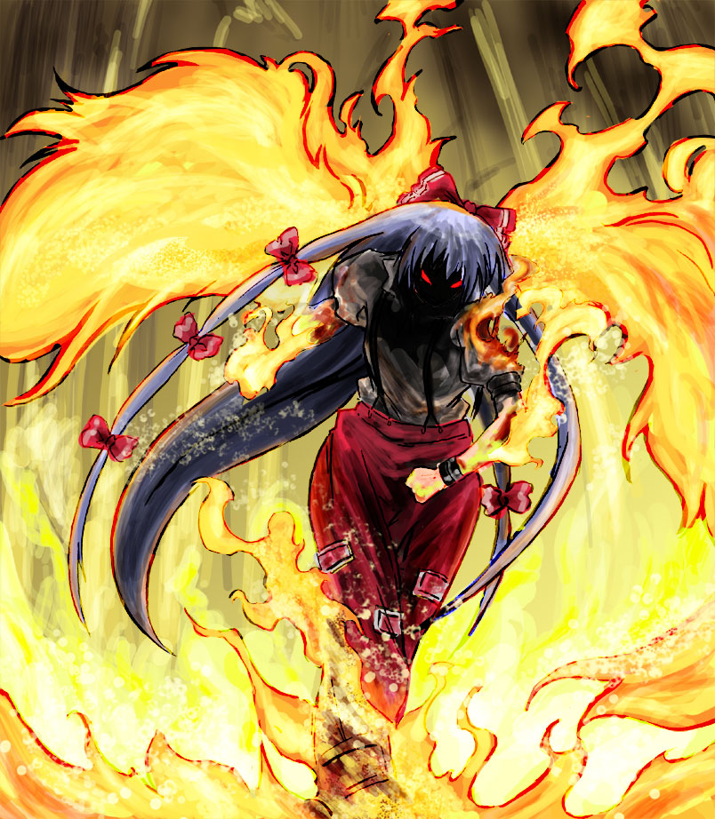 angry bamboo bamboo_forest bangs bow burning_hand carrier_(pixiv) clenched_hand cuffs feet_out_of_frame fiery_wings fire forest fujiwara_no_mokou glowing glowing_eyes hair_bow long_hair looking_at_viewer multi-tied_hair nature pants red_bow red_eyes red_pants shaded_face shirt short_sleeves silver_hair solo suspenders touhou very_long_hair walking white_shirt wings