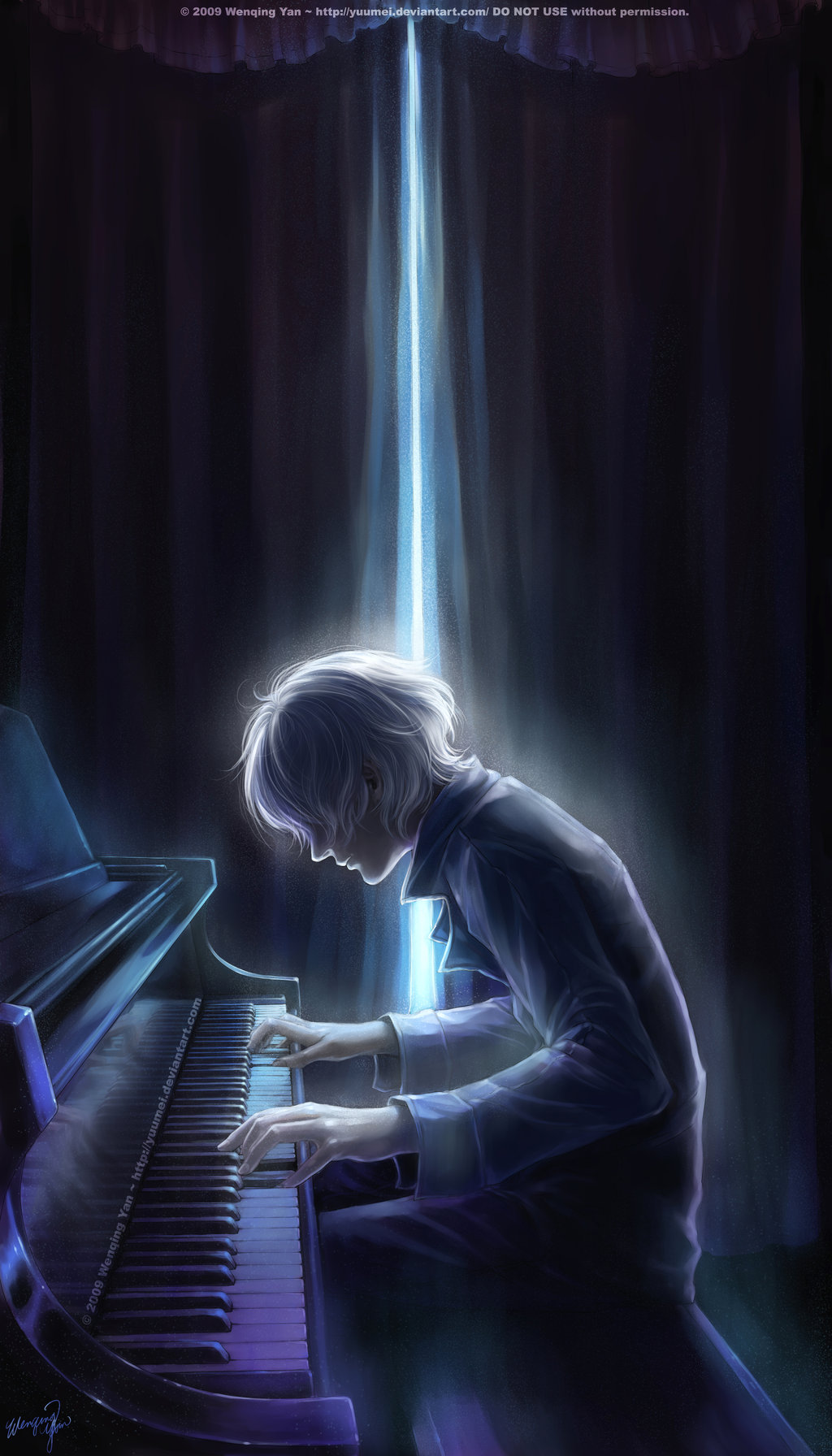 blue curtains grand_piano hands highres instrument light male_focus music original piano piano_bench playing_instrument profile solo watermark wenqing_yan white_hair window