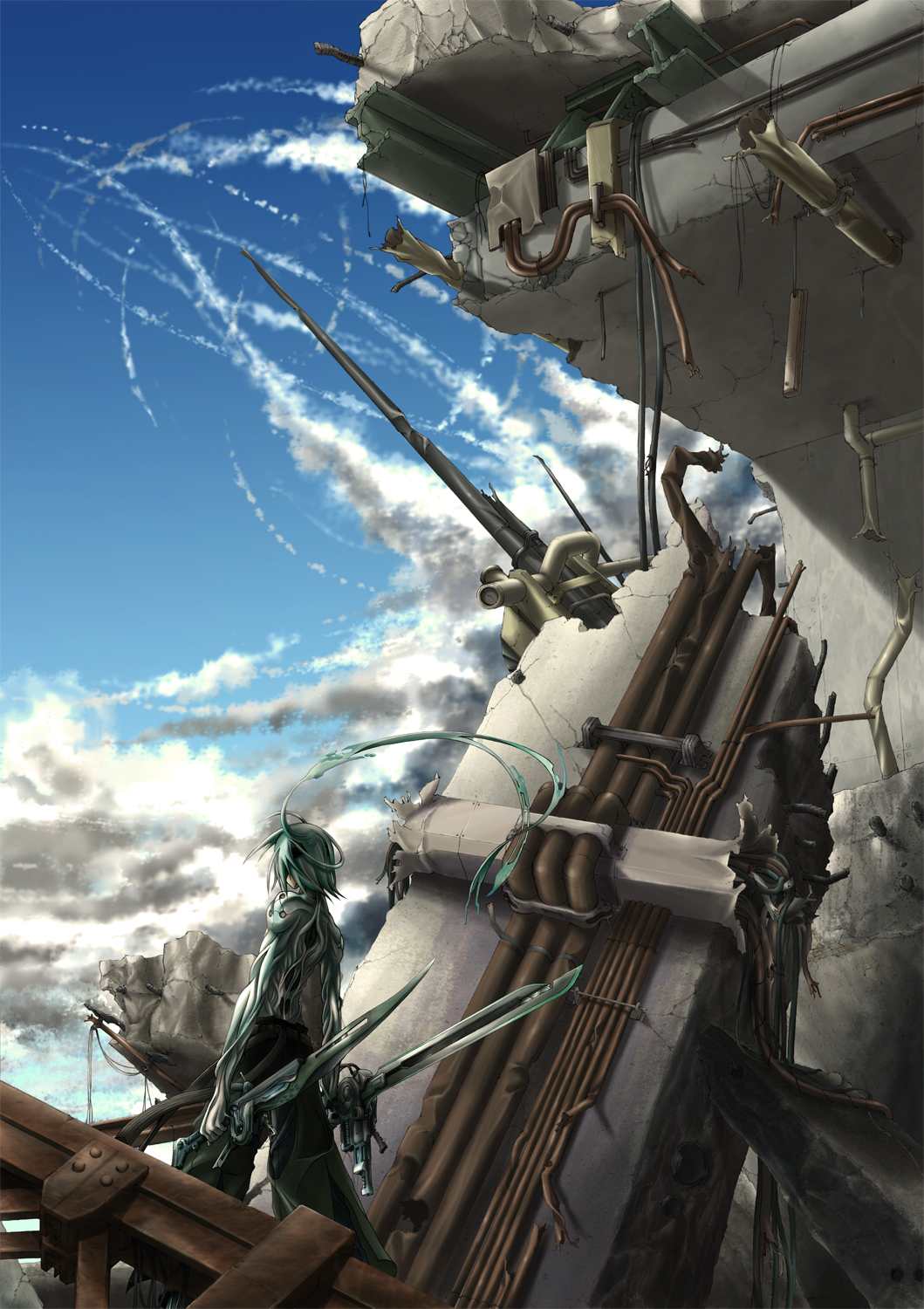 bridge cloud damaged day from_behind green_hair highres magyo male_focus original solo sword weapon