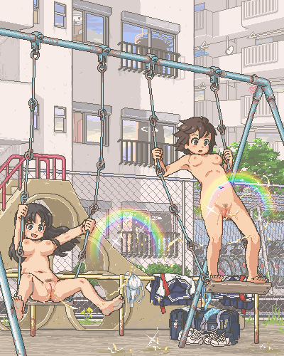 :o armpits bag balcony bangs barefoot bicycle black_hair blue_bra blue_panties blush bra breasts breasts_apart brown_hair building chain-link_fence clothes_removed day double_rainbow feet fence floating_hair ground_vehicle kasuga_(kasuga39) leaning_back long_hair lowres multiple_girls navel necktie nipples nude oekaki open_mouth original outdoors panties parted_bangs pee peeing pixel_art playground pleated_skirt pubic_hair public public_nudity public_urination railing rainbow school_bag school_uniform serafuku shirt shoes short_hair sitting skirt small_breasts sneakers soles spiked_hair spread_legs standing swing tree uncensored underwear white_bra window zenra