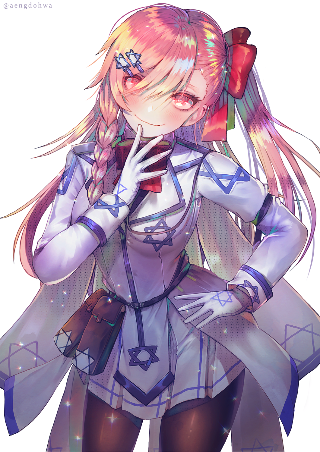 1girl arm_strap bangs black_legwear blush bow bowtie braid breasts closed_mouth collared_jakcet cowboy_shot eyebrows_visible_through_hair girls_frontline gloves grey_shirt hair_between_eyes hair_bow hair_ornament hair_ribbon hairclip hanato_(seonoaiko) hand_on_hip hand_up hexagram highres long_hair long_sleeves looking_at_viewer medium_breasts negev_(girls_frontline) one_side_up pantyhose pink_hair pouch red_bow red_eyes red_neckwear red_ribbon ribbon shirt side_braid sidelocks simple_background skirt smile solo sparkle star_of_david white_background white_gloves white_skirt