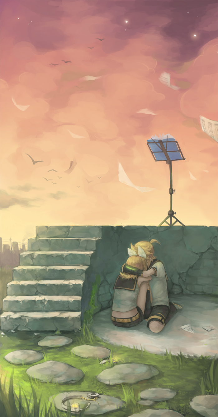 1girl bad_id bad_pixiv_id blonde_hair bow brother_and_sister detached_sleeves formalin hair_bow highres hug kagamine_len kagamine_rin music_stand paper siblings stairs sunset twins vocaloid