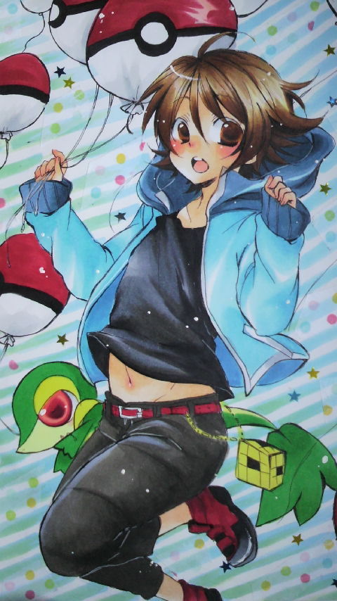 1boy balloon belly boy character_request male male_focus navel poke_ball pokemon pokemon_(game) pokemon_black_and_white pokemon_bw snivy touya_(pokemon) void_cube