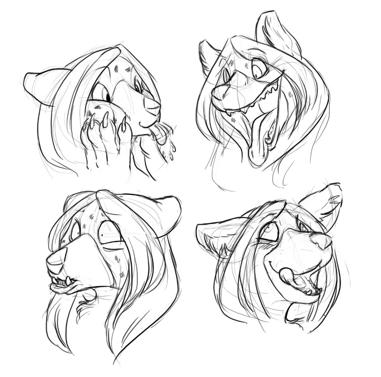 claws ears ears_back expressions fangs female fys hair hyena licking lip mammal monochrome plain_background raspberry saliva sefeiren sketch spots teeth tongue white_background