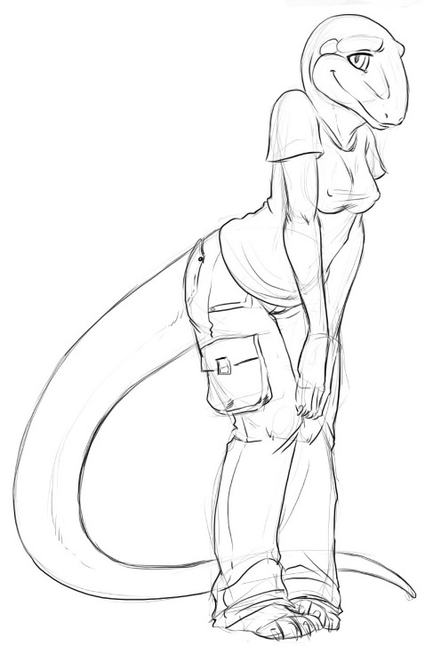 breasts cargo_pants clothed clothing eyes female hindpaw jenny jenny_(slither) komodo_dragon lizard monitor_lizard monochrome nipples pants paws plain_background reptile scalie sefeiren shirt sketch solo standing tail white_background