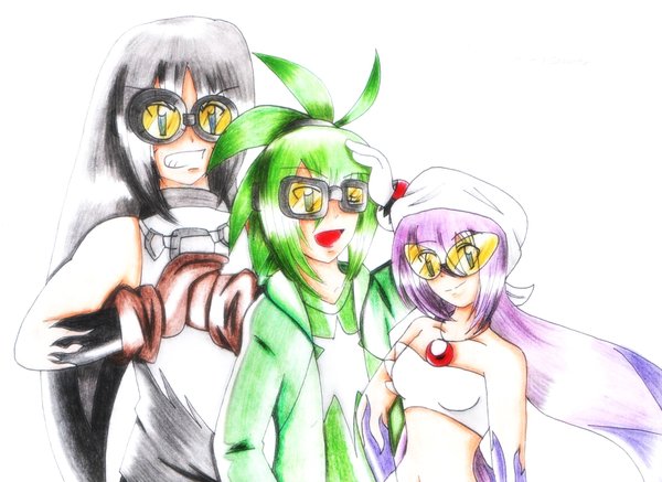 eyewear female gloves goggles green_hair grey_hair grin hair happy human humanized jacket jet_the_hawk kamira_exe male mammal necklace open_mouth plain_background ponytail purple_hair sega smile sonic_(series) sonic_riders storm_the_albatross sunglasses tube_top wave_the_swallow white_background whtie_background