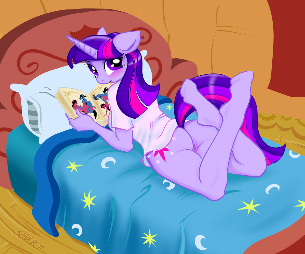 anthro anthrofied bed blush book breasts butt cutie_mark equine female friendship_is_magic hair horn horse kabuki kabuki_homewood long_hair looking_at_viewer looking_back mammal multi-colored_hair my_little_pony pillow pony purple_eyes purple_hair pussy reading short_hair solo tail twilight_sparkle_(mlp) unicorn