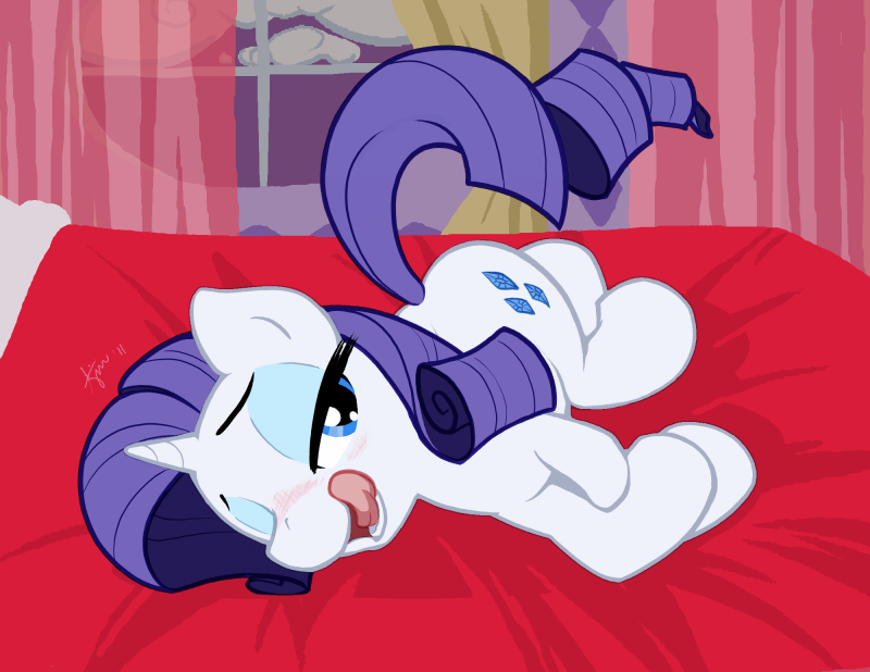ajin bed blue_eyes blush cloud curtains cutie_mark equine eyeshadow female feral friendship_is_magic fur hair horn long_hair lying_in_bed makeup mammal my_little_pony night one_eye_closed open_mouth rarity_(mlp) see_through solo tongue tongue_out unicorn white_fur window wink