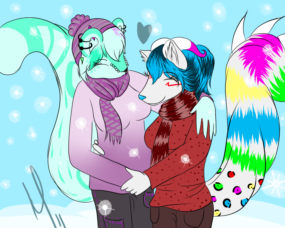 &hearts; blue_hair blue_nose cuddle cuddling cyan_highlights cyan_markings dragon duo dyed_hair ear_piercing earring eyelashes eyes_closed feline female green_hair hair hat horn hug ladymacbeth leopard mammal partycat piercing rainbow rave_partycat scarf sierra sierra_starpaw snow snowing starpaw tail teal white_hair