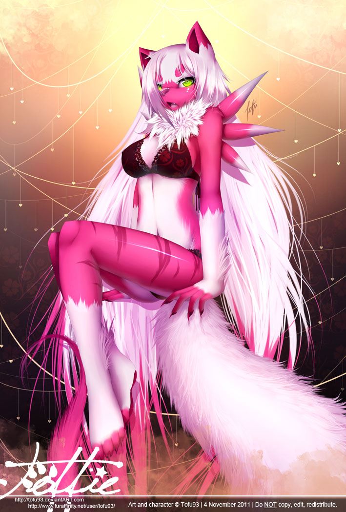 bra canine chest_tuft clothed clothing female fox fur green_eyes hair lingerie long_hair looking_at_viewer mammal panties pink_fur pinup pose skimpy solo tofu93 tuft underwear unknown_species white_hair