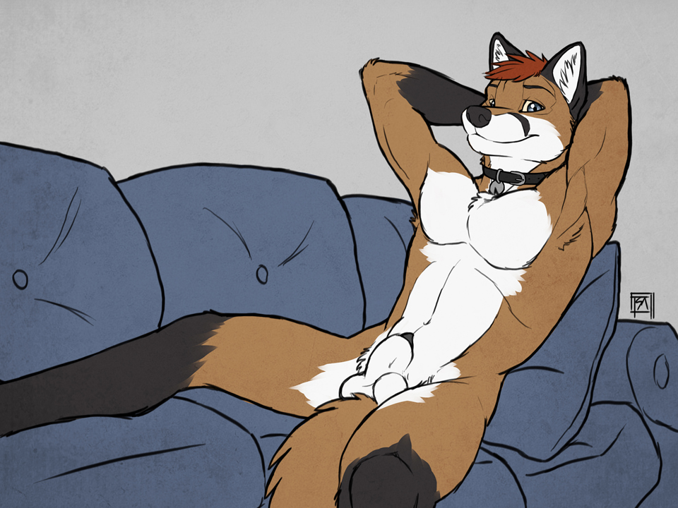 anthro balls biceps blue_eyes canine canine_penis collar flaccid fox fur hair looking_at_viewer luminblaze male mammal muscles nude on_back pecs penis penis_tip pose reclining red_hair relaxing sheath sofa solo tsaiwolf