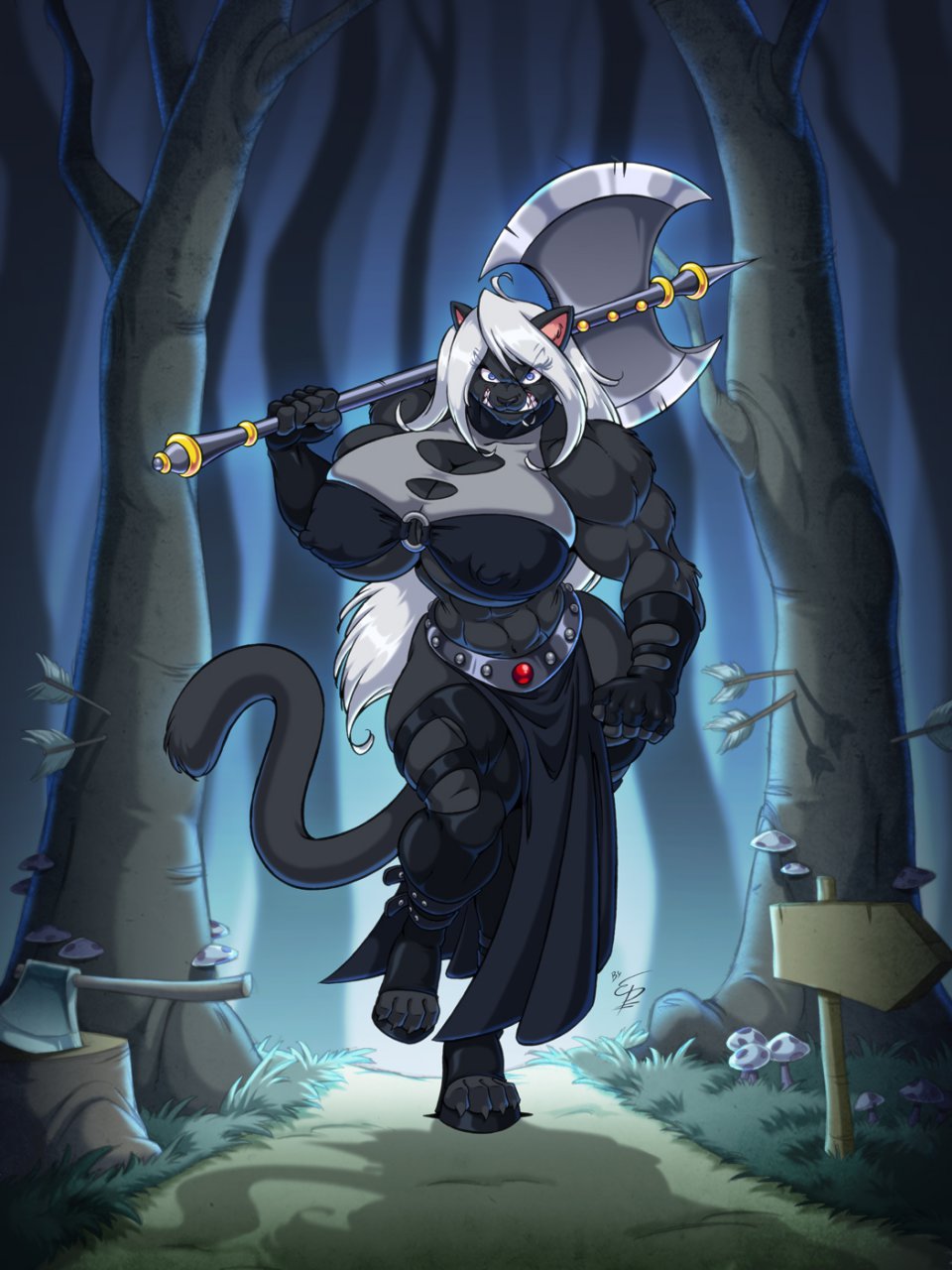arrow axe biceps big_breasts breasts cat clothed clothing eltonpot erect_nipples feline female forest gloves grey_hair hair huge_breasts launa long_hair mammal muscles muscular_female nipples skirt solo tail thick_thighs tree weapon wide_hips wood